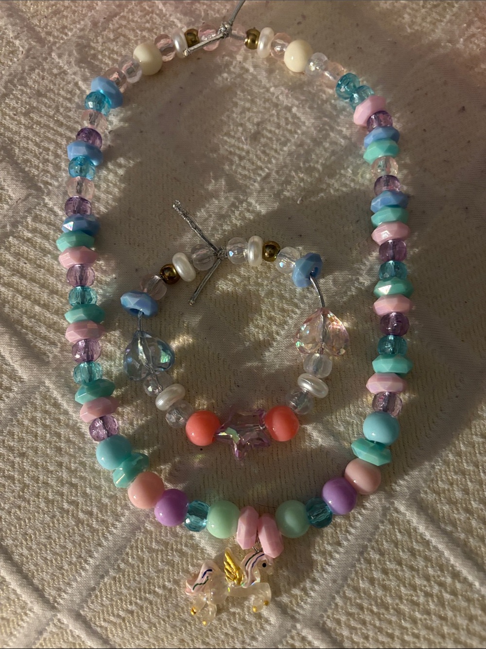 Handmade Pastel Beaded Necklace and Bracelet Set with Unicorn Charm